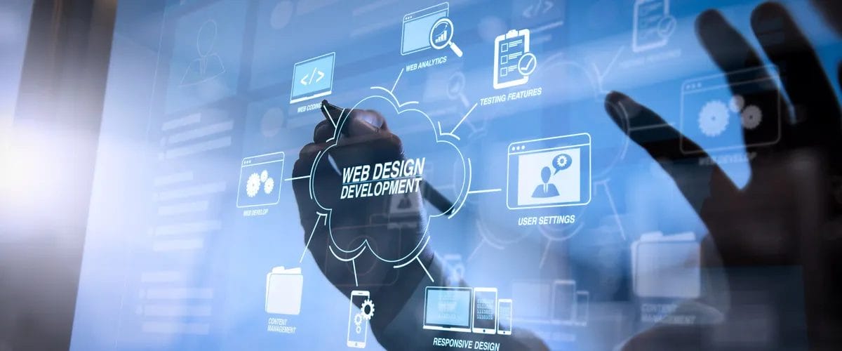 Web design development concept with digital interface.