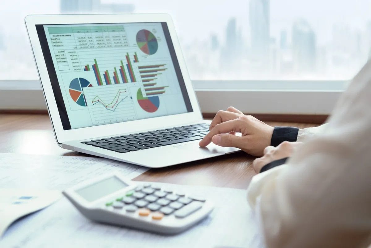 Person analyzing charts on laptop screen.