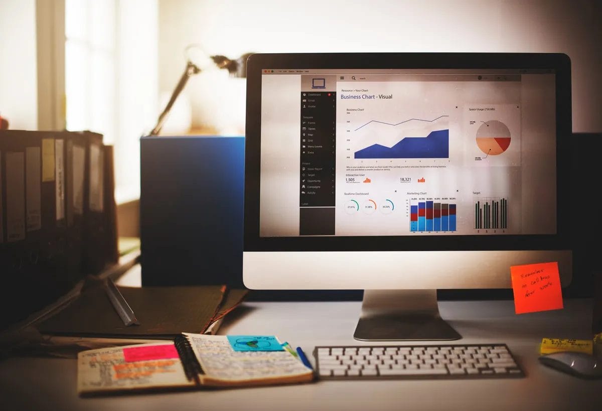 Computer screen showing business charts and graphs.