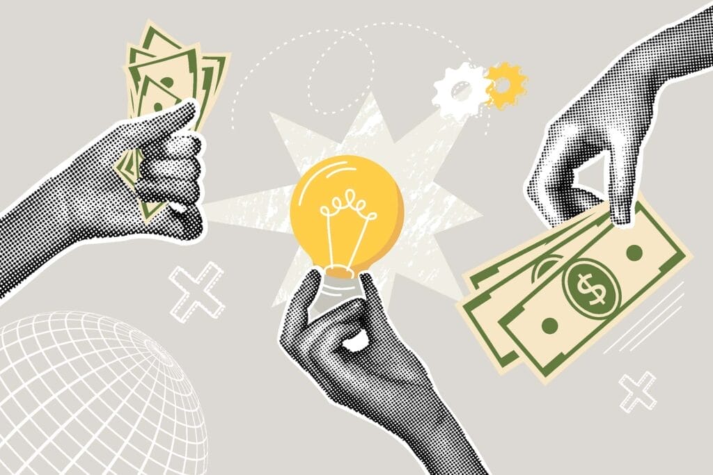 trendy halftone business concept collage. idea concept, business concept, financial planning,profit, earnings. trendy modern retro illustration.
